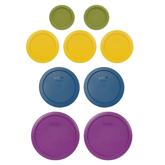 Pyrex (2) 7202-PC Olive Green, (3) 7200-PC Butter Yellow, (2) 7201-PC Blue Spruce, & (2) 7402-PC Thistle Purple Lids