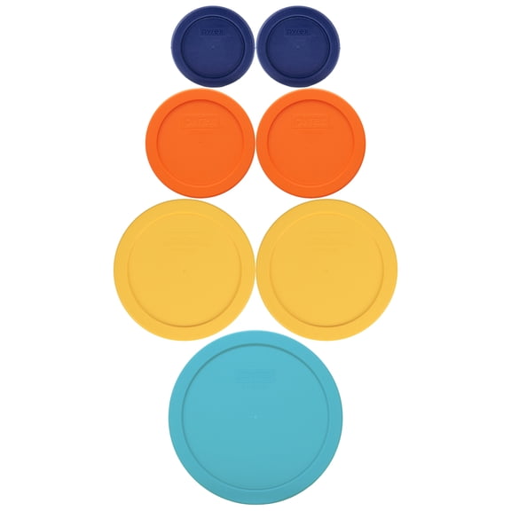Pyrex (2) 7202-PC 1 Cup Dark Blue, (2) 7200-PC 2 Cup Orange, (2) 7201-PC 4 Cup Meyer Lemon Yellow, (1) 7402-PC 6/7 Cup Turquoise Lid