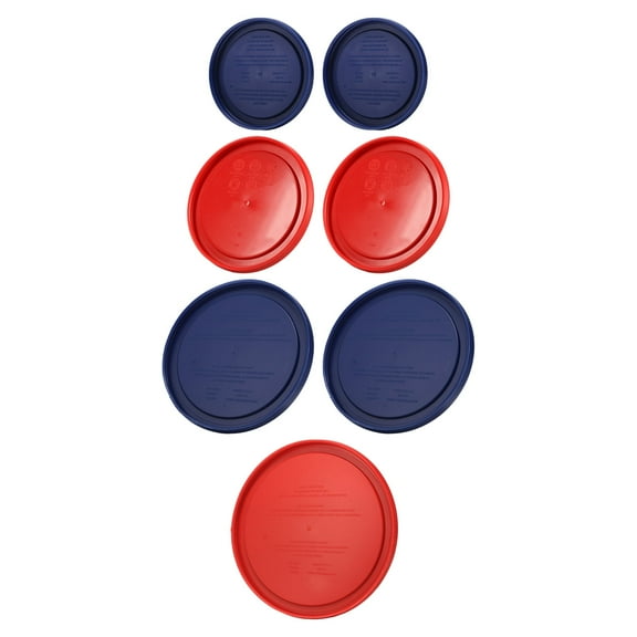 Pyrex (2) 7202-PC 1-Cup Dark Blue, (2) 7200-PC 2-Cup Poppy Red, (2) 7201-PC 4-Cup Blue, and (1) 7402-PC 6/7-Cup Poppy Red Lids
