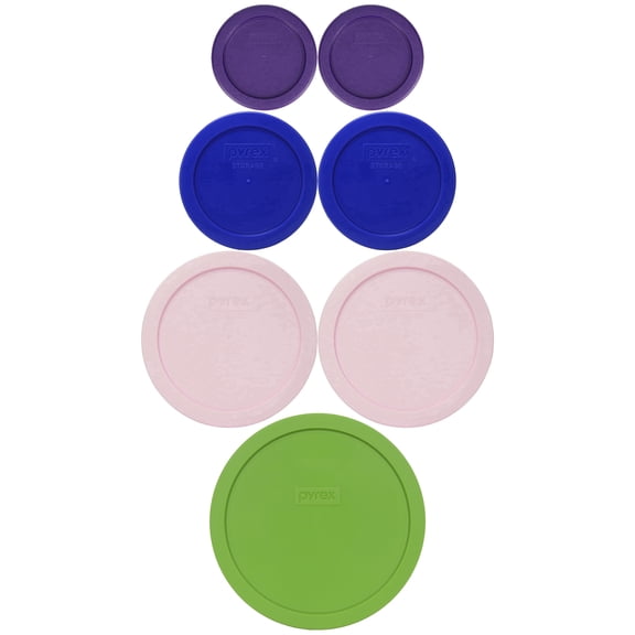 Pyrex (2) 7202-PC 1-Cup Plum Purple, (2) 7200-PC 2-Cup Cadet Blue, (2) 7201-PC 4-Cup Loring Pink, and (1) 7402-PC 6/7-Cup Green Round BPA-free Plastic Lids