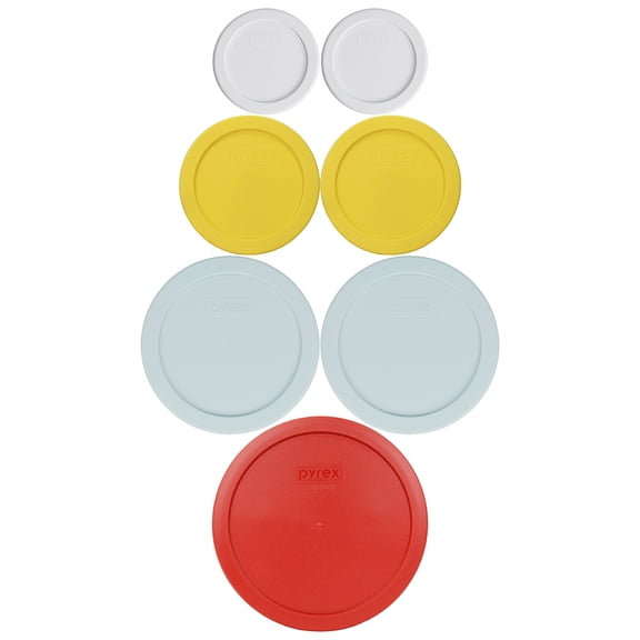 Pyrex (2) 7202-PC 1 Cup White, (2) 7200-PC 2-Cup Pastel Yellow, (2) 7201-PC 4 Cup Muddy Aqua, (1) 7402-PC 6/7 Cup Poppy Red Lid