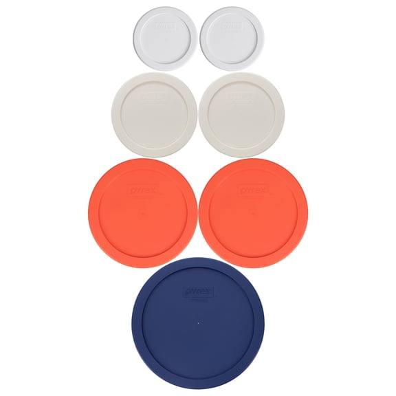 Pyrex (2) 7202-PC 1-Cup White, (2) 7200-PC 2-Cup Sour Cream, (2) 7201-PC 4-Cup Pumpkin Orange, and (1) 7402-PC 6/7-Cup Blue Round BPA-free Plastic Lids