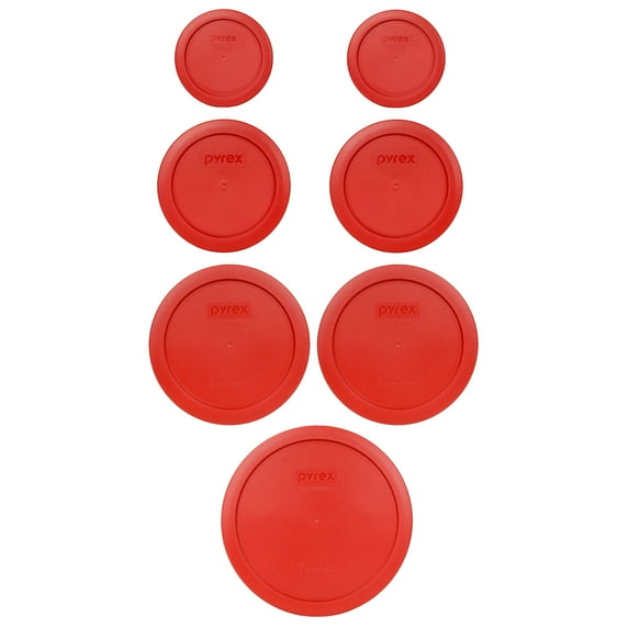 Pyrex (2) 7202-PC 1-Cup, (2) 7200-PC 2-Cup, (2) 7201-PC 4-Cup and (1) 7402-PC 6/7-Cup Poppy Red Lids