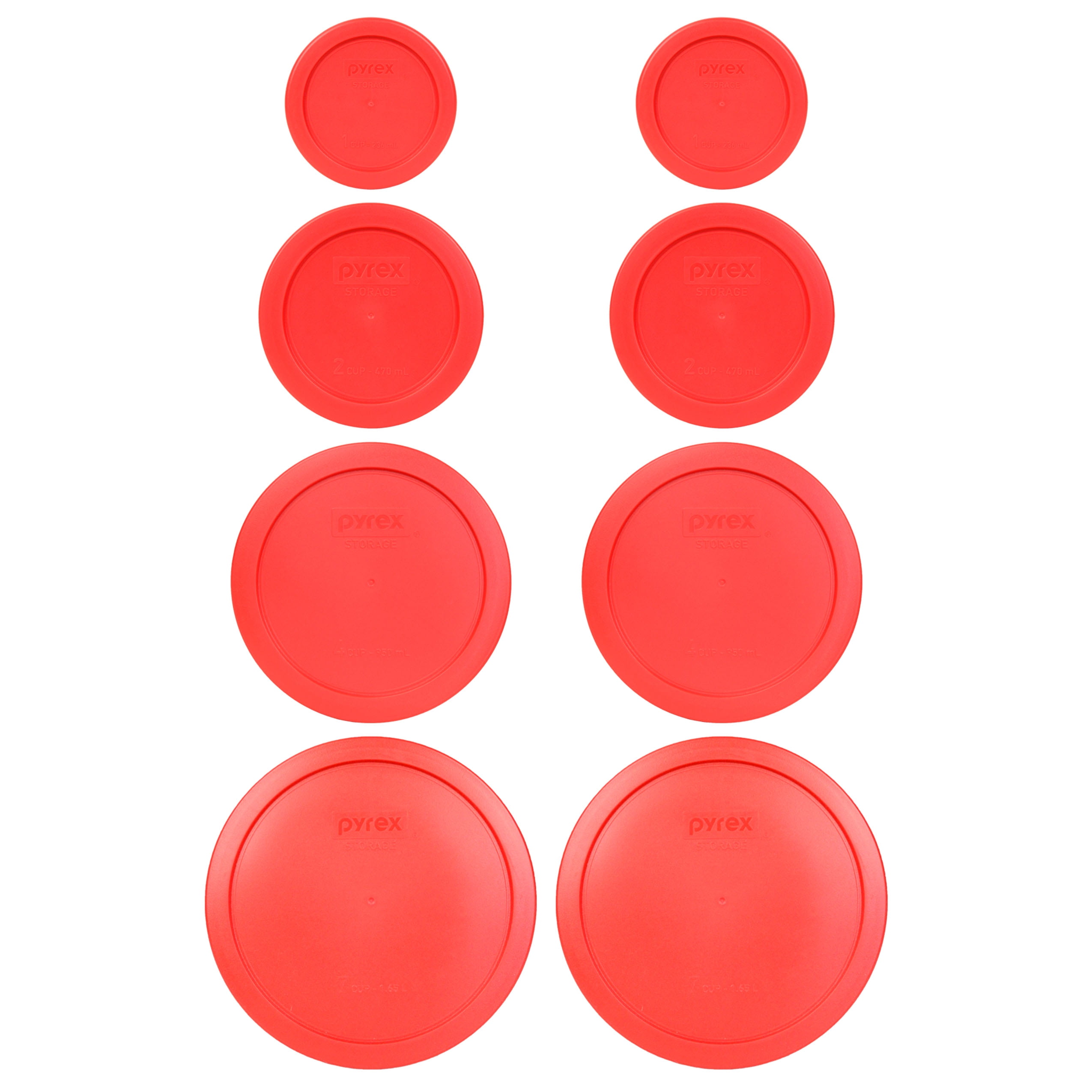 Pyrex (2) 7202PC, (2) 7200PC, (2) 7201PC, and (2) 7402PC Red