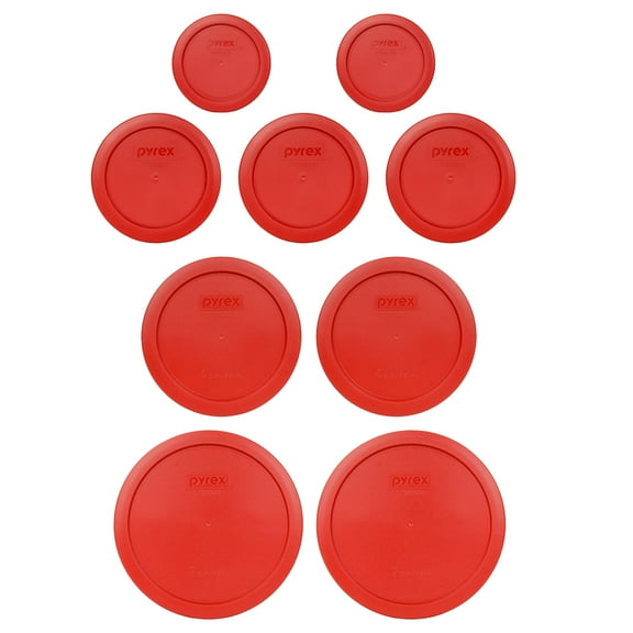Pyrex (2) 7202-PC 1-Cup, (3) 7200-PC 2-Cup, (2) 7201-PC 4-Cup, and (2) 7402-PC 6/7-Cup Poppy Red Lids