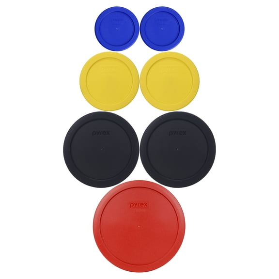 Pyrex (2) 7202-PC Cadet Blue 1-Cup, (2) 7200-PC Pastel Yellow 2-Cup, (2) 7201-PC Black 4-Cup and (1) 7402-PC Poppy Red 6/7-Cup Food Storage Lids