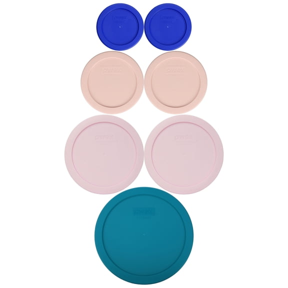 Pyrex (2) 7202-PC Cadet Blue 1-Cup, (2) 7200-PC Rosewater Pink 2-Cup, (2) 7201-PC Loring Pink 4-Cup, and (1) 7402-PC Adriatic Blue 6/7-Cup Food Storage Lids