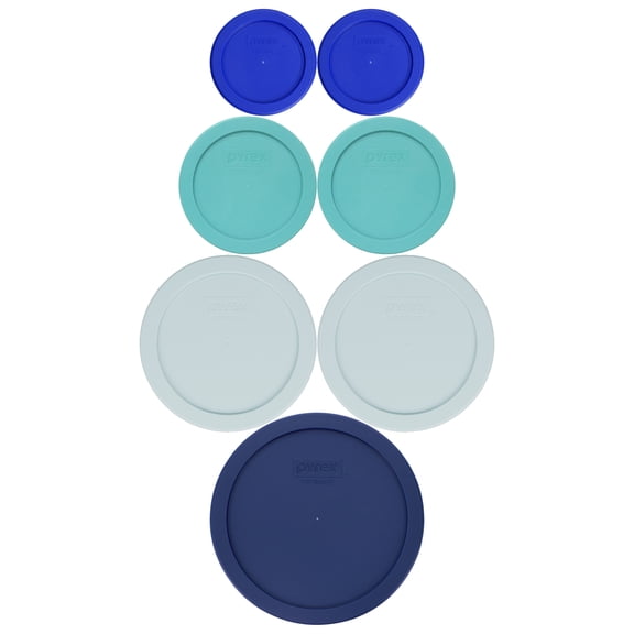 Pyrex (2) 7202-PC Cadet Blue 1-Cup, (2) 7200-PC Turquoise 2-Cup, (2) 7201-PC Muddy Aqua 4-Cup, and (1) 7402-PC Blue 6/7-Cup Food Storage Lids