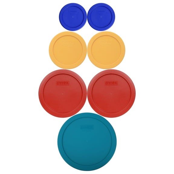 Pyrex (2) 7202-PC Cadet Blue 1-cup, (2) 7200-PC Butter Yellow 2-cup, (2) 7201-PC Poppy Red 4-cup, (1) 7402-PC Adriatic Blue 6/7-cup Mixing Bowl Lids
