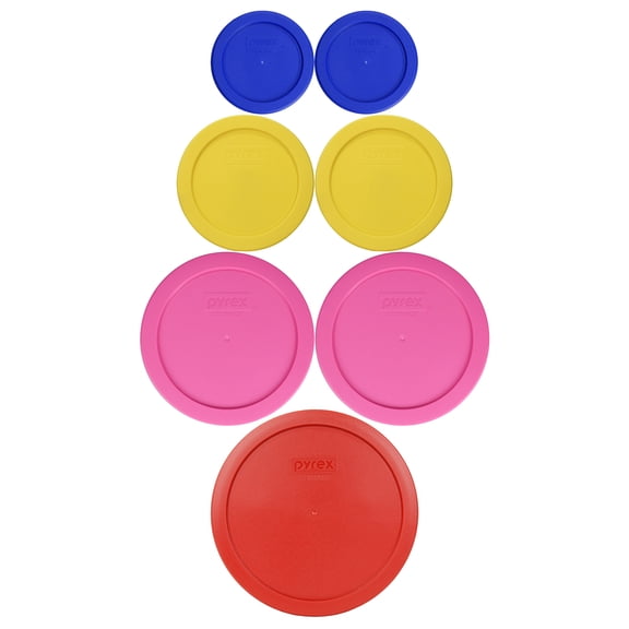 Pyrex (2) 7202-PC Cadet Blue 1-cup, (2) 7200-PC Pastel Yellow 2-cup, (2) 7201-PC Pink 4-cup, (1) 7402-PC Poppy Red 6/7-cup Mixing Bowl Lids