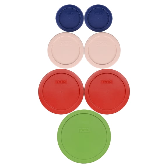 Pyrex (2) 7202-PC Dark Blue 1-cup, (2) 7200-PC Rosewater Pink 2-cup, (2) 7201-PC Poppy Red 4-cup, (1) 7402-PC Green 6/7-cup Mixing Bowl Lids