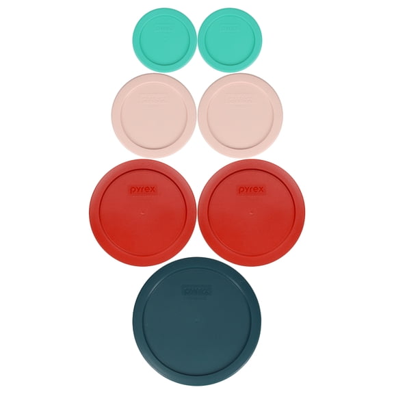 Pyrex (2) 7202-PC Green 1-cup, (2) 7200-PC Rosewater Pink 2-cup, (2) 7201-PC Poppy Red 4-cup, (1) 7402-PC Tarragon Green 6/7-cup Mixing Bowl Lids
