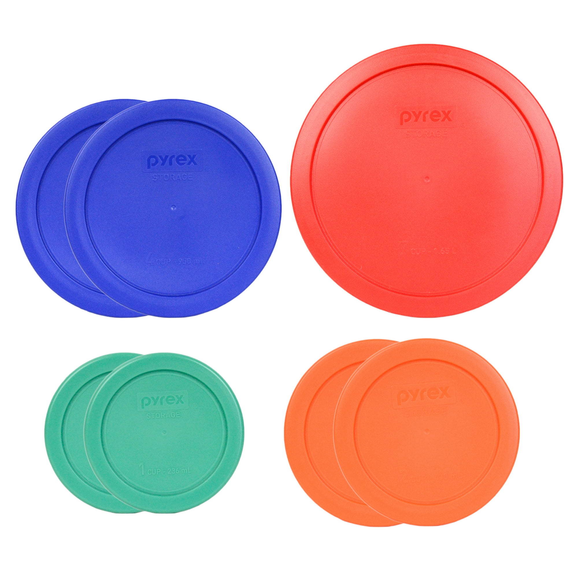 Pyrex (2) 7202-PC Green, (2) 7200-PC Orange, (2) 7201-PC Blue, and (1) 7402-PC Red Plastic Replacement Lids