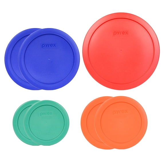 Pyrex (2) 7202-PC Green, (2) 7200-PC Orange, (2) 7201-PC Blue, and (1) 7402-PC Red Plastic Replacement Lids