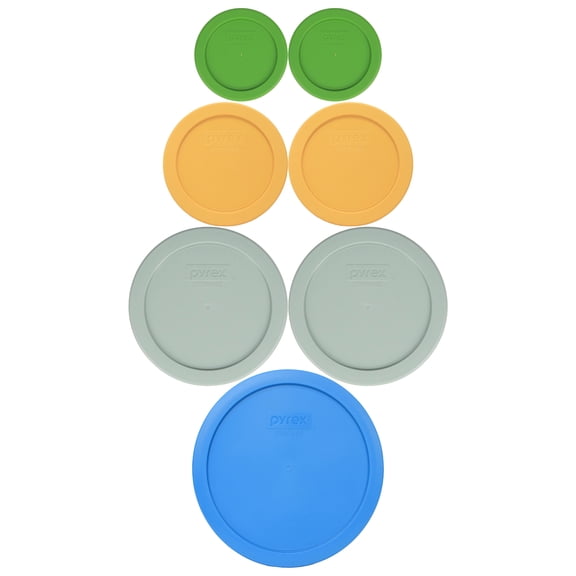 Pyrex (2) 7202-PC Lawn Green 1-cup, (2) 7200-PC Butter Yellow 2-cup, (2) 7201-PC Tranquil Green 4-cup, (1) 7402-PC Marine Blue 6/7-cup Mixing Bowl Lids