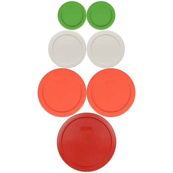 Pyrex (2) 7202-PC Lawn Green 1-cup, (2) 7200-PC Sour Cream 2-cup, (2) 7201-PC Pumpkin Orange 4-cup, (1) 7402-PC Poppy Red 6/7-cup Mixing Bowl Lids