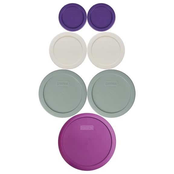 Pyrex (2) 7202-PC Plum Purple 1-cup, (2) 7200-PC Sour Cream 2-cup, (2) 7201-PC Tranquil Green 4-cup, (1) 7402-PC Thistle Purple 6/7-cup Mixing Bowl Lids
