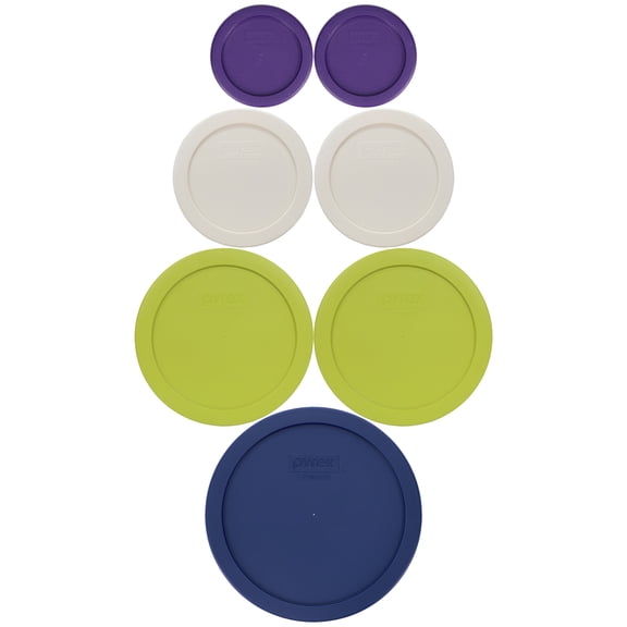Pyrex (2) 7202-PC Plum Purple, (2) 7200-PC Sour Cream, (2) 7201-PC Edamame Green, (1) 7402-PC Blue Lid