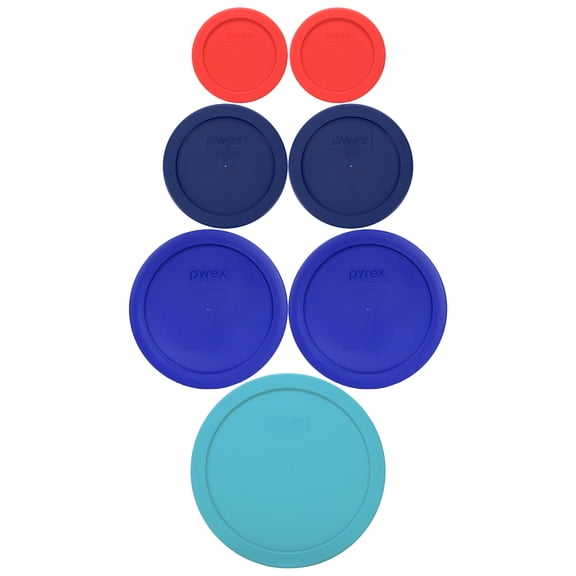 Pyrex (2) 7202-PC Red 1-cup, (2) 7200-PC Blue 2-cup, (2) 7201-PC Cadet Blue 4-cup, (1) 7402-PC Turquoise 6/7-cup Mixing Bowl Lids