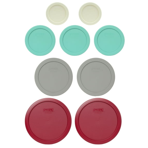 Pyrex (2) 7202-PC Sour Cream, (3) 7200-PC Sea Glass Green, (2) 7201-PC Jet Grey, & (2) 7402-PC Sangria Red Food Storage Replacement Lids