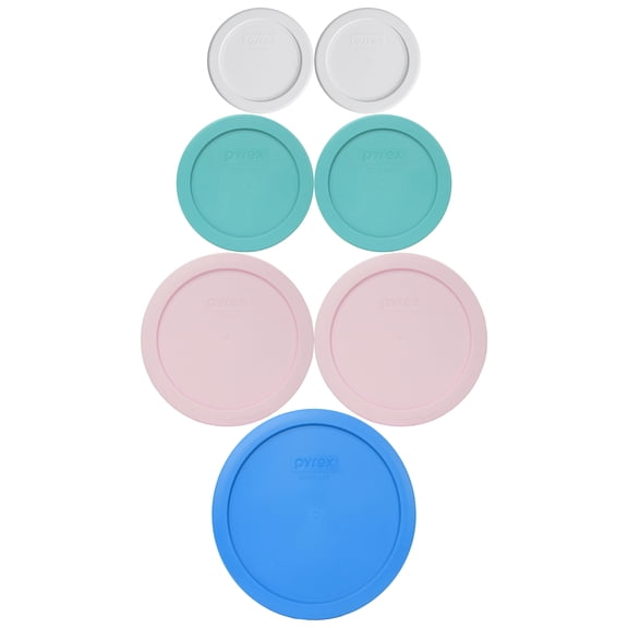 Pyrex (2) 7202-PC White 1-Cup, (2) 7200-PC Turquoise 2-Cup, (2) 7201-PC Loring Pink 4-Cup, and (1) 7402-PC Marine Blue 6/7-Cup Food Storage Lids