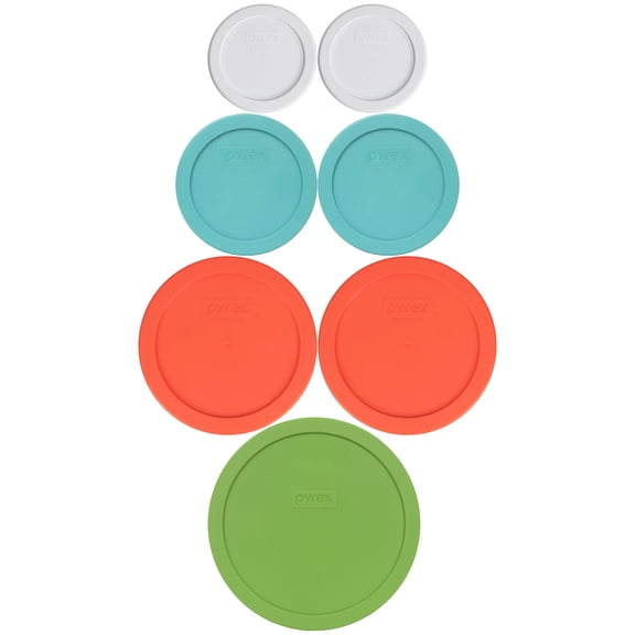 Pyrex (2) 7202-PC White 1-Cup, (2) 7200-PC Turquoise 2-Cup, (2) 7201-PC Pumpkin Orange 4-Cup, and (1) 7402-PC Green 6/7-Cup Food Storage Lids