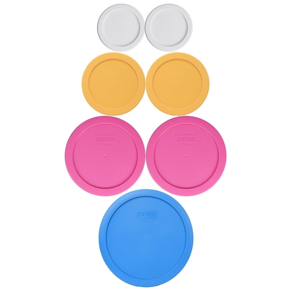 Pyrex (2) 7202-PC White 1-cup, (2) 7200-PC Butter Yellow 2-cup, (2) 7201-PC Pink 4-cup, (1) 7402-PC Marine Blue 6/7-cup Mixing Bowl Lids
