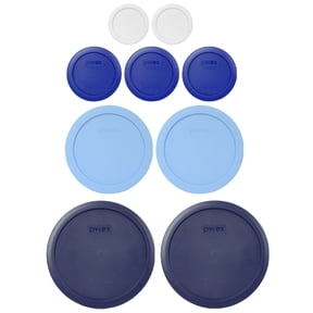 Pyrex (2) 7202-PC White, (3) 7200-PC Cadet Blue, (2) 7201-PC Blue Cornflower, and (2) 7402-PC Dark Blue Plastic Lids