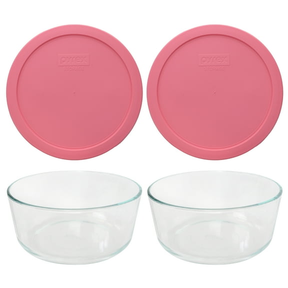 Pyrex (2) 7203 7-Cup Glass Bowls & (2) 7402-PC Retro Pink Pantone Lids