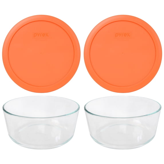 Pyrex (2) 7203 7 Cup Glass Food Storage Bowls and (2) 7402-PC Orange Plastic Lids