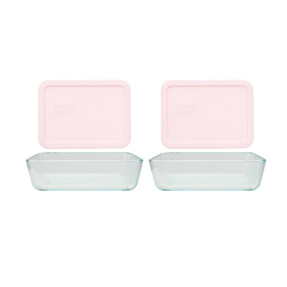 Pyrex (2) 7210 3-Cup Clear Glass Rectangular Dishes with (2) 7210-PC 3-Cup Loring Pink BPA-Free Plastic Lids Made in the USA