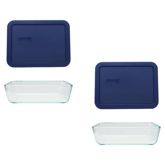 Pyrex (2) 7210 3-Cup Glass Dishes and (2) 7210-PC Dark Blue Lids