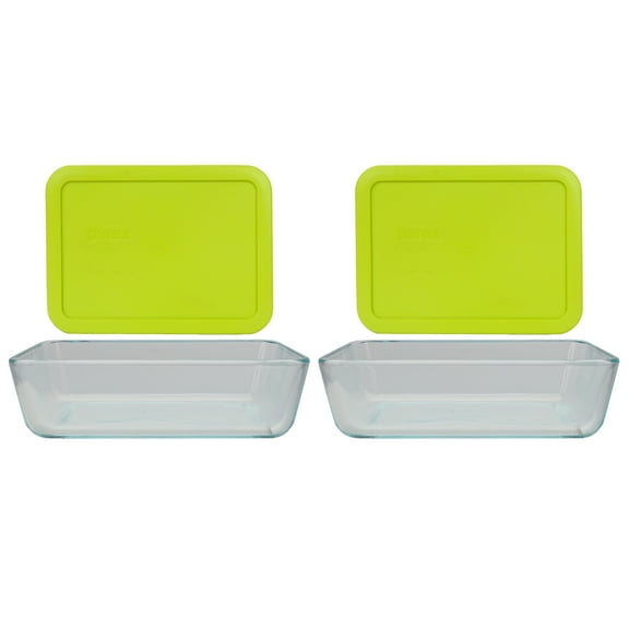 Pyrex (2) 7210 3-cup Glass Dishes & (2) 7210-PC Green Edamame Lids