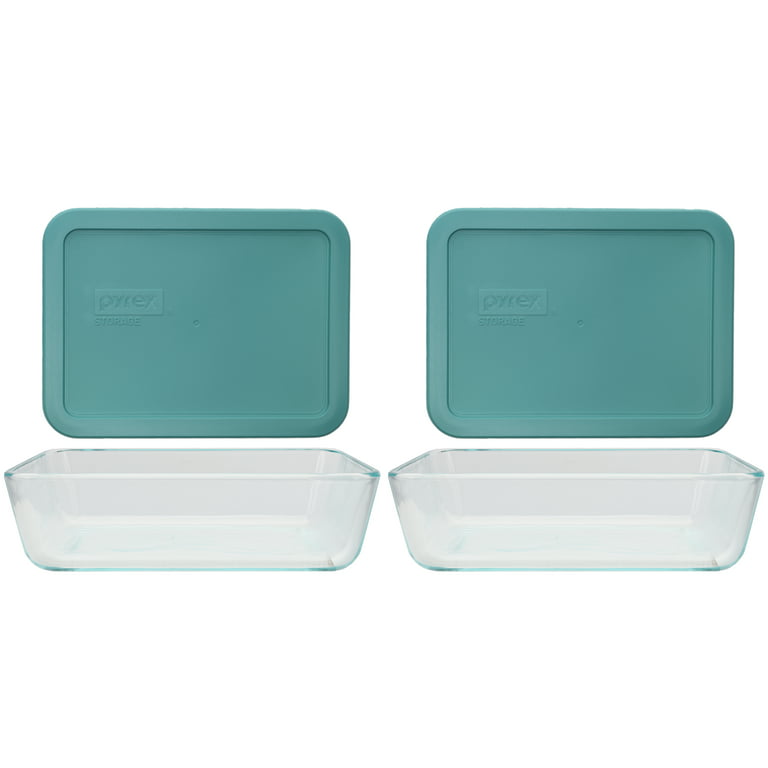Pyrex (2) 7210 3-Cup Glass Storage Dishes and (2) 7210-PC Jade Dust Green  Plastic Lids 