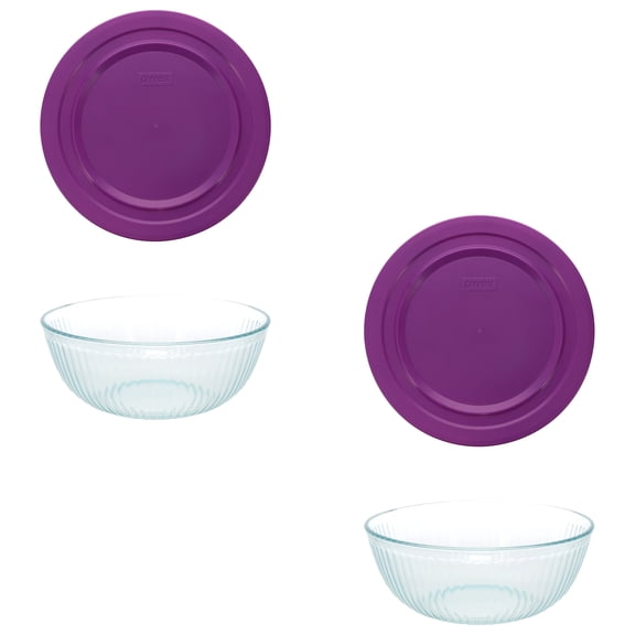 Pyrex (2) 7404 4.5qt Sculpted Glass Mixing Bowls and (2) 7404-PC Thistle Purple Lids - Made in USA