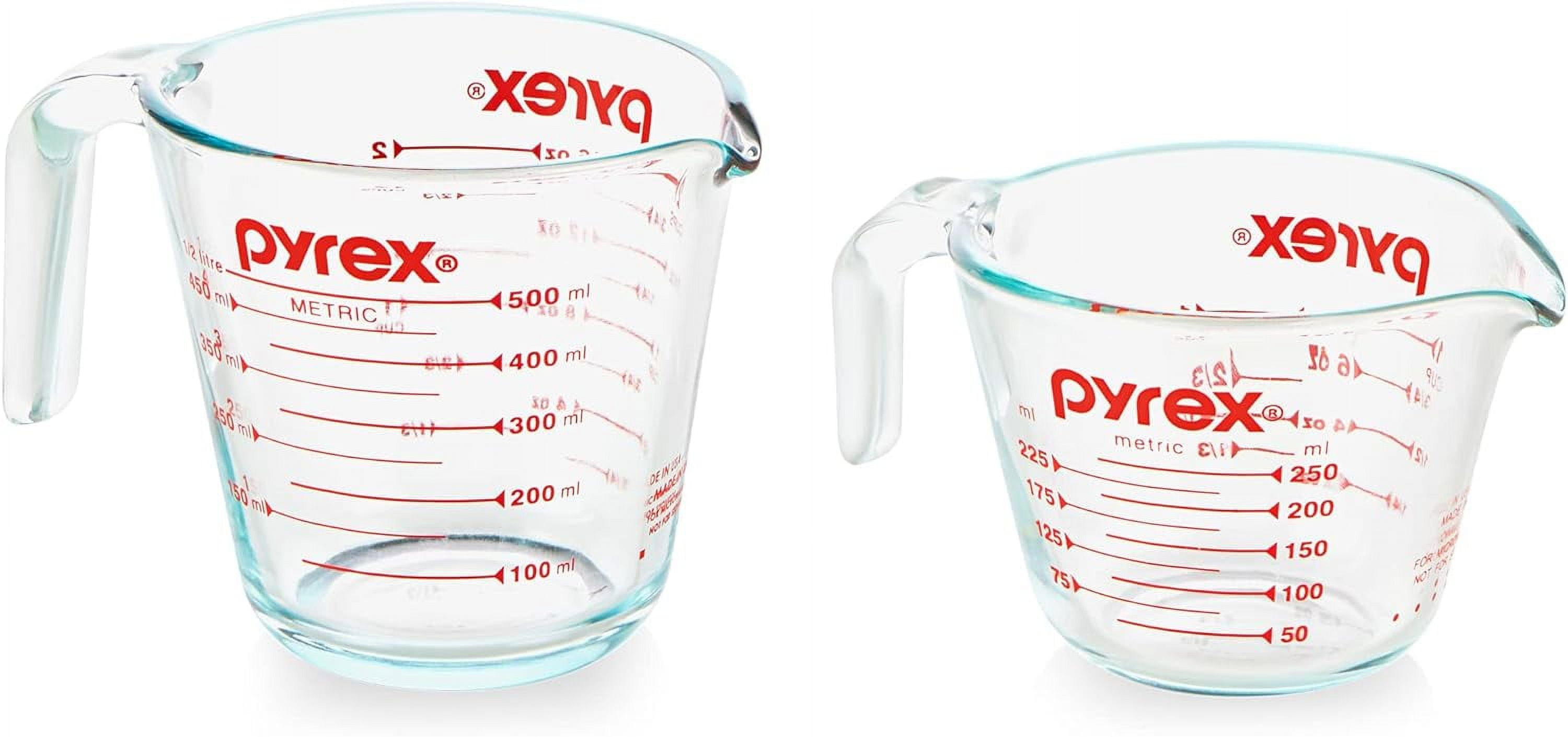 Pyrex 2 Piece Glass Measuring Cup Set, Includes 1-Cup, and 2-Cup Tempered Glass Liquid Measuring Cups, Dishwasher, Freezer, Microwave, and Preheated Oven Safe, Essential Kitchen Tools