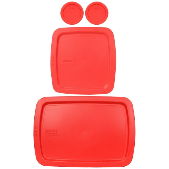 Pyrex (2) Round 1-Cup 7202-PC, (1) 2qt Square C-222-PC, and (1) 3qt Square C-233-PC Red Lids