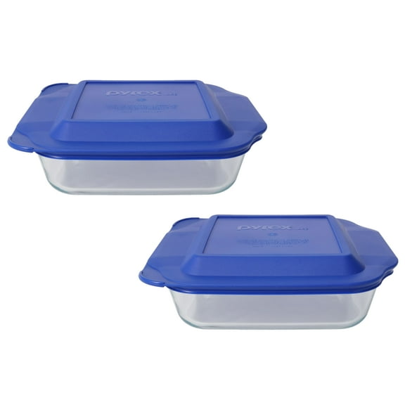 Pyrex 222 Square Glass Baking Dish and 222-PC Blue Plastic Lid Cover (2-Pack)