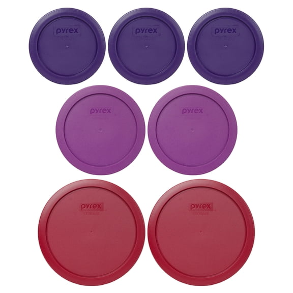 Pyrex (3) 7200-PC Plum Purple, (2) 7201-PC Thistle Purple, and (2) 7402-PC Sangria Red Plastic Replacement Lids