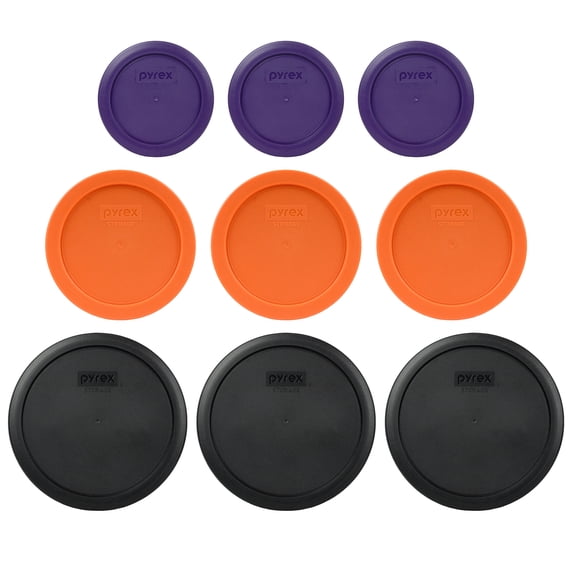 Pyrex (3) 7200-PC Plum Purple, (3) 7201-PC Orange, & (3) 7402-PC Black Plastic Food Storage Replacement Lids