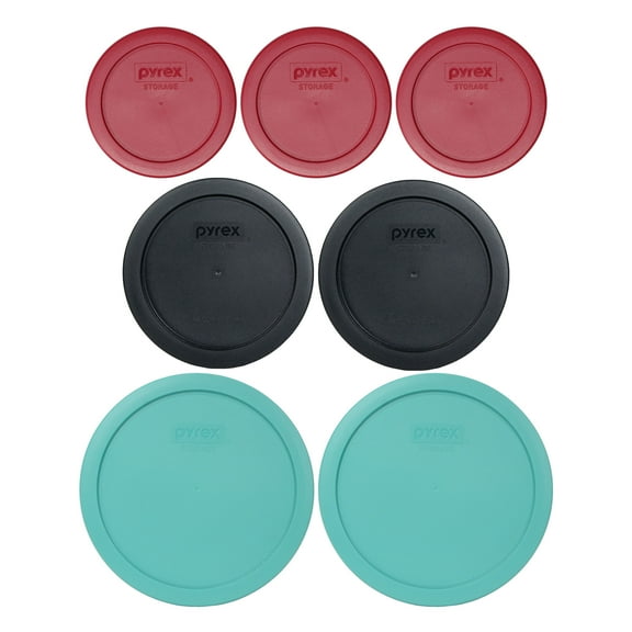 Pyrex (3) 7200-PC Sangria Red, (2) 7201-PC Black, and (2) 7402-PC Turquoise Plastic Replacement Lids