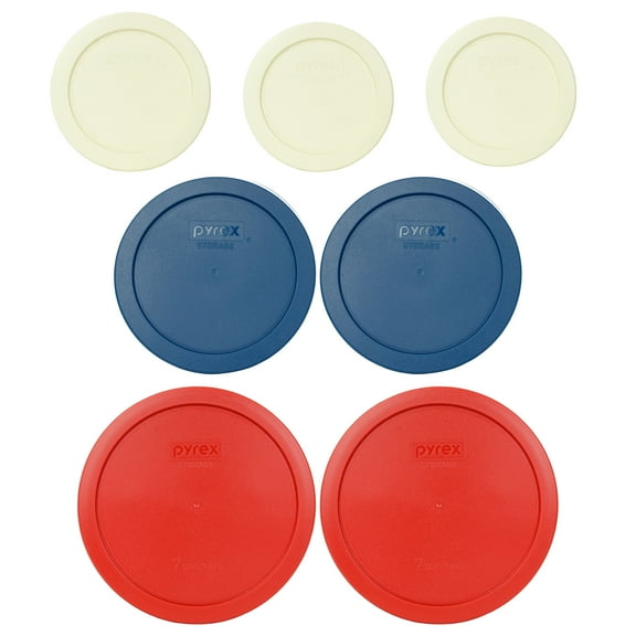 Pyrex (3) 7200-PC Sour Cream, (2) 7201-PC Blue Spruce, and (2) 7402-PC Poppy Red Plastic Replacement Lids
