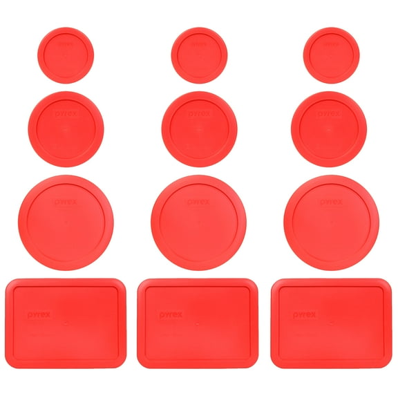 Pyrex (3) 7202-PC 1-Cup (3) 7200-PC 2-Cup, (3) 7201-PC 4-Cup, and (3) 7210-PC 3-Cup Red Replacement Lids