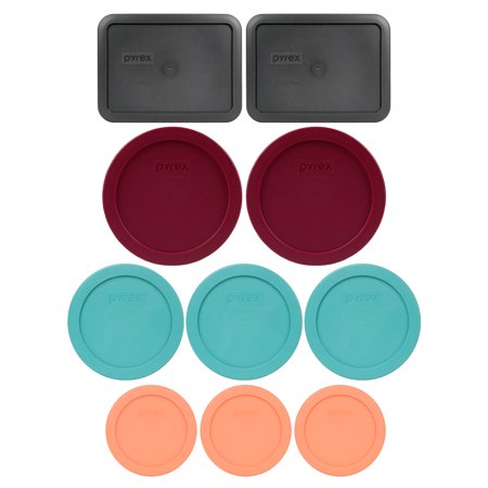 Pyrex (3) 7202-PC Bahama Sunset Orange, (3) 7200-PC Turquoise, (2) 7201-PC Sangria Red, & (2) 7210-PC Charcoal Grey Food Storage Replacement Lids