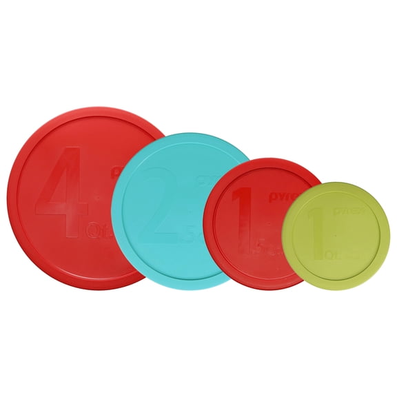 Pyrex 326-PC Poppy Red 4qt, 325-PC Turquoise 2.5qt, 323-PC Poppy Red 1.5qt, and 322-PC Edamame Green 1qt Mixing Bowl Lids