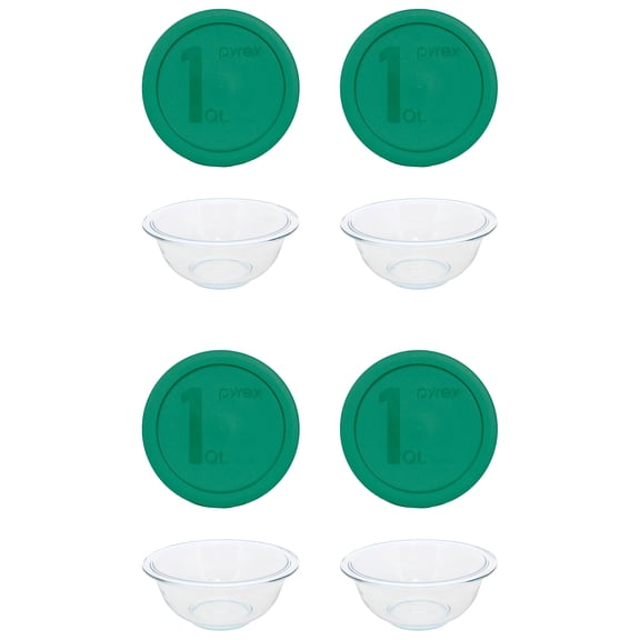 Pyrex (4) 322 1qt Glass Mixing Bowls and (4) 322-PC 1qt Green Mixing Bowl Lids