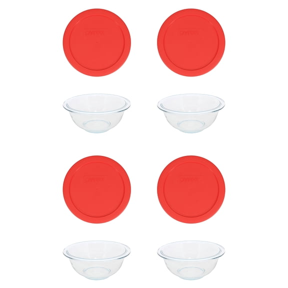 Pyrex (4) 322 1qt Glass Mixing Bowls and (4) 322-PC 1qt Red Mixing Bowl Lids