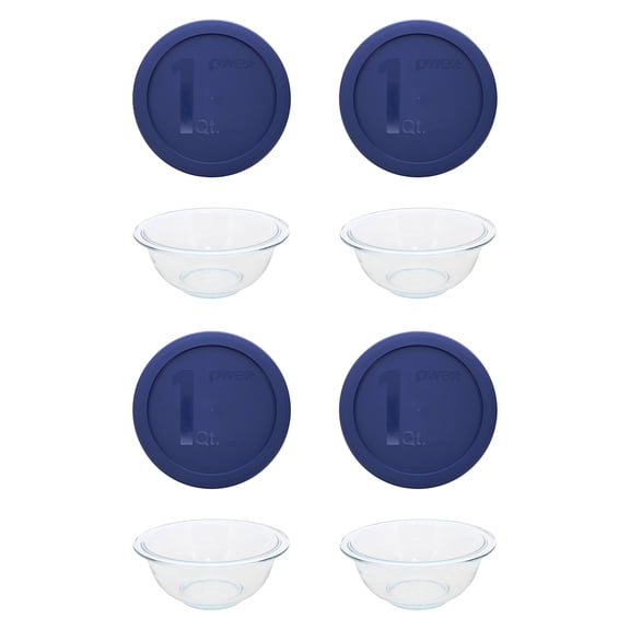 Pyrex (4) 322 1qt Glass Mixing Bowls and (4) 322-PC 1qt Blue Mixing Bowl Lids