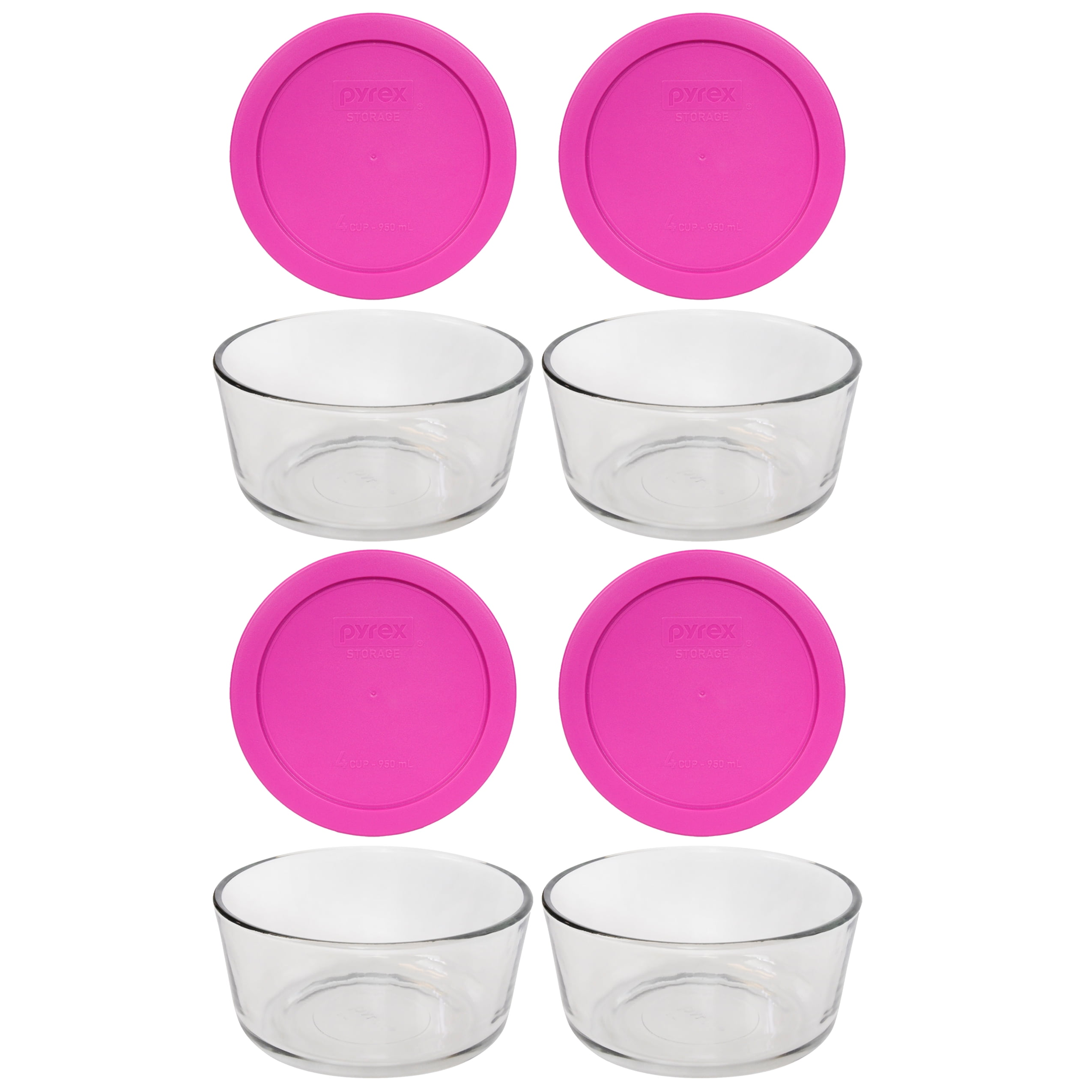 Pyrex (4) 7203 7-Cup Clear Glass Bowls & (4) 7402-PC Retro Pink Pantone  Plastic Lids - Made in the USA