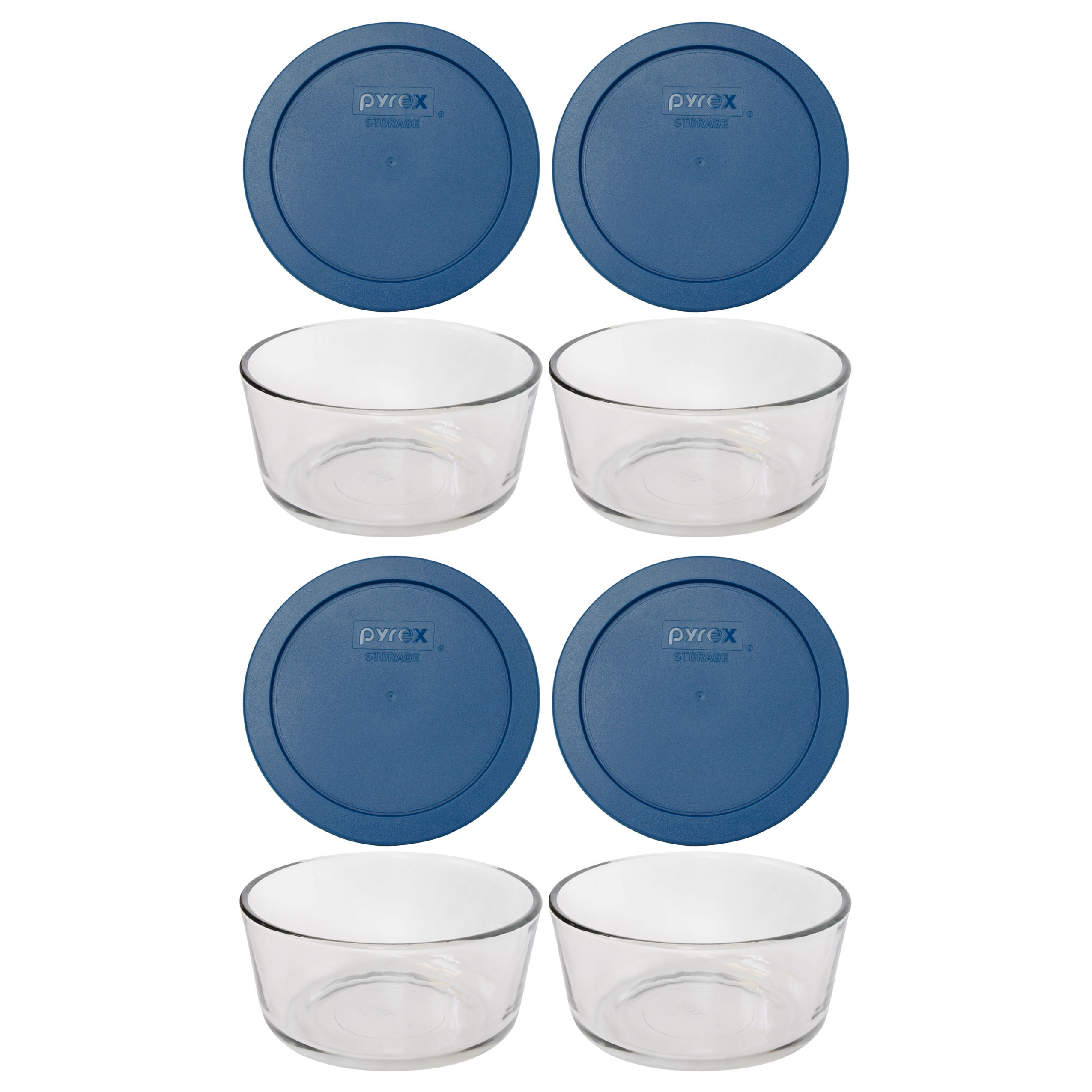 Pyrex (4) 7201 4Cup Glass Food Storage Bowls and (4) 7201PC Blue
